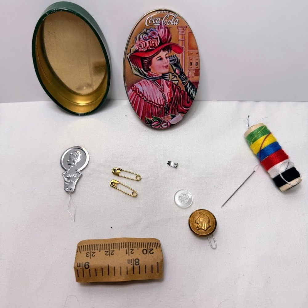 Vintage Coca Cola Travel Sewing Kit Oval Tin Victorian Lady Made in Hong Kong